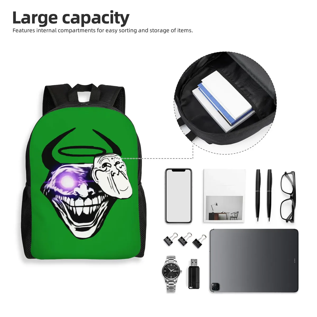 sac à dos personnalisé trollface amusant pour ordinateur portable, sac à dos basique pour femmes et hommes, pour l'école, les étudiants, sac manga