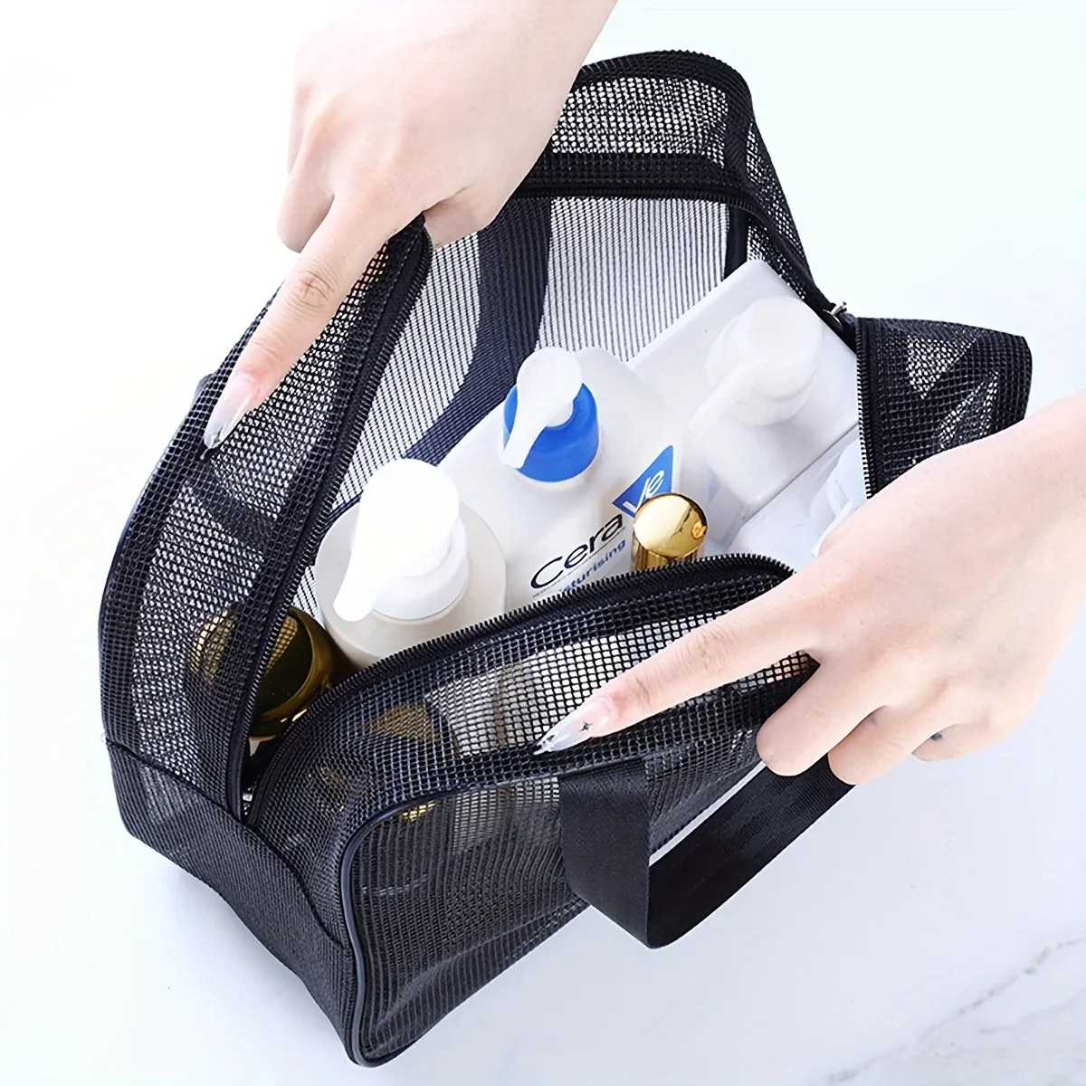 Caddie de douche en maille, fourre-tout, sac de rangement de cosmétiques, sac de douche multifonctionnel, organisateur de toilette Portable de grande capacité