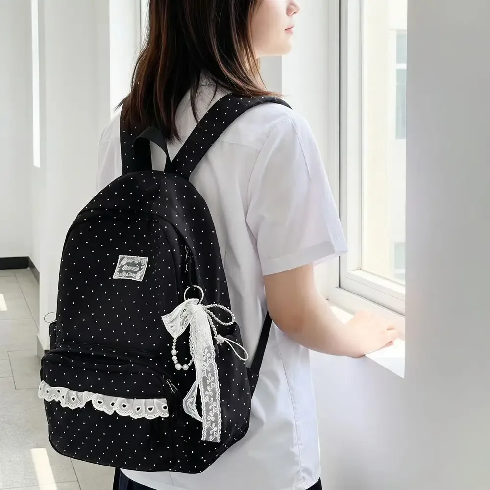 sac à dos y2k à pois, style minimaliste, grande capacité, avec dentelle, léger, design nœud, idéal pour étudiants, cadeau