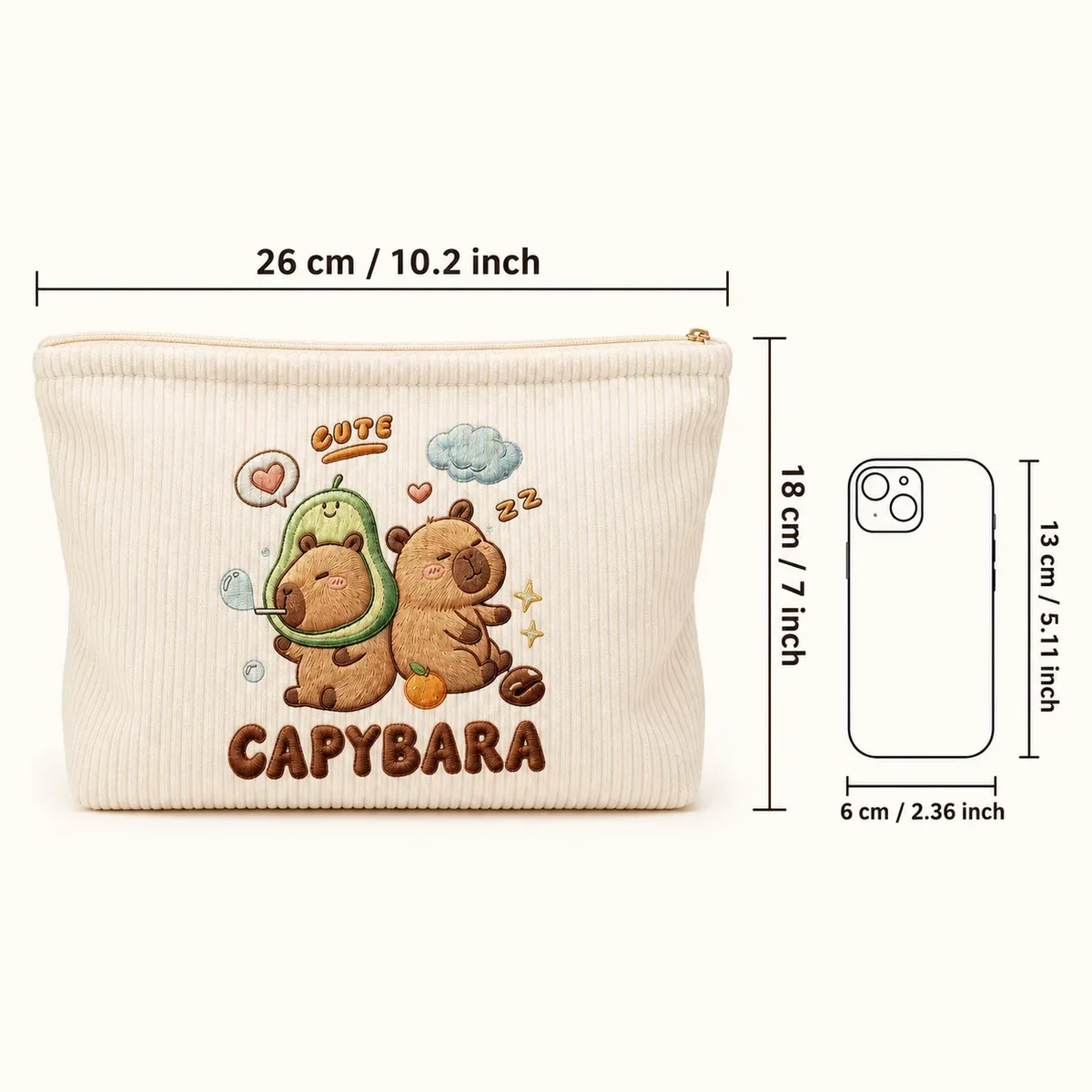 trousse de maquillage mignonne capybara en velours côtelé, grande capacité, pochette zippée pour femmes, organisateur de toilette de voyage, rangement beauté