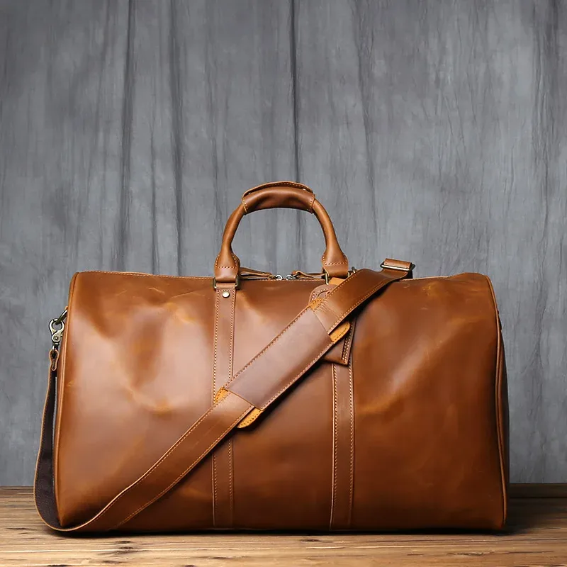 sac de voyage vintage en cuir véritable pour homme nzpj, grande capacité, sac à main en cuir crazy horse, sac à bandoulière en cuir de vache naturel