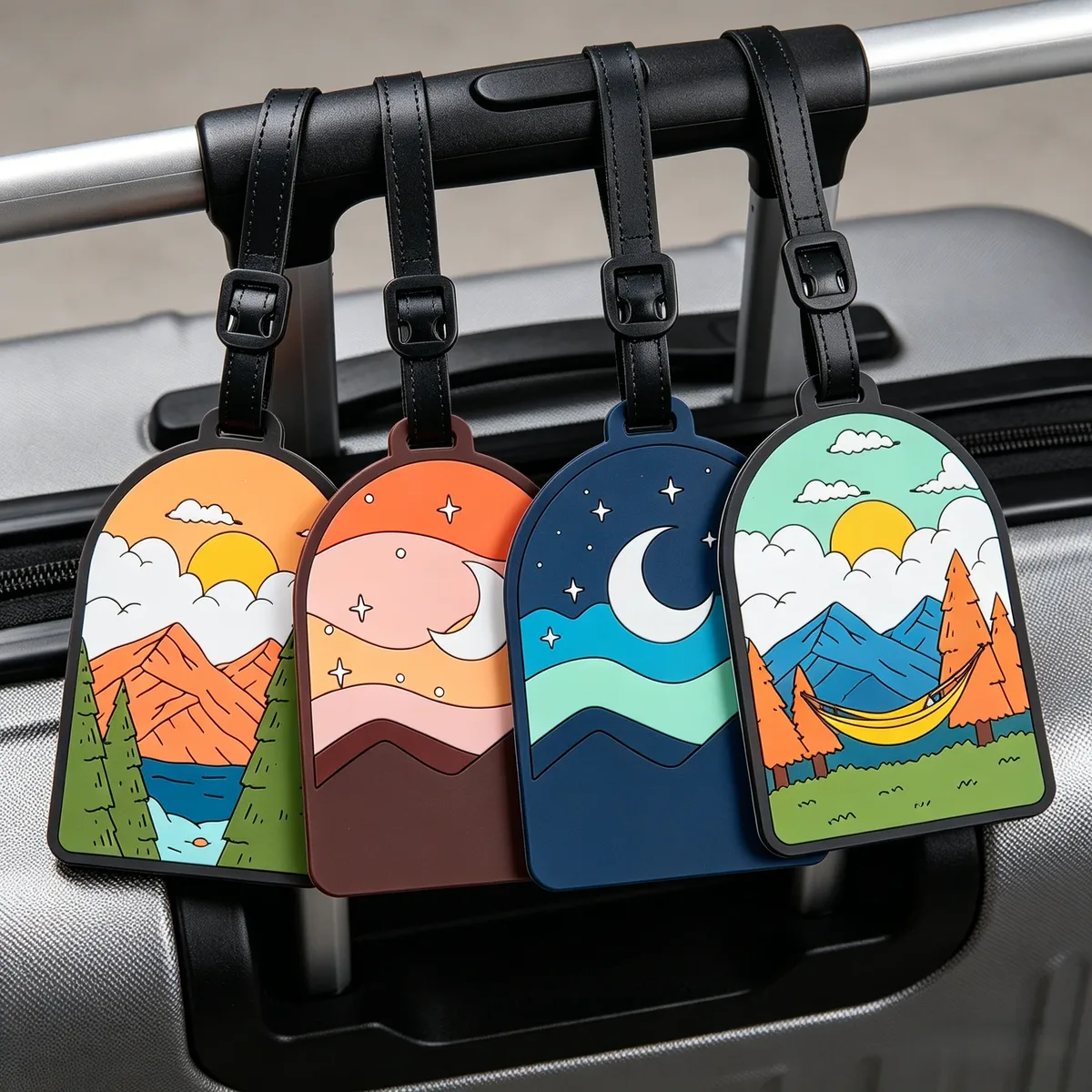 étiquette bagage pvc paysager motif nature montagnes arbres lacs cieux couleur variée voyage déplacement professionnel scolaire anti perte identification