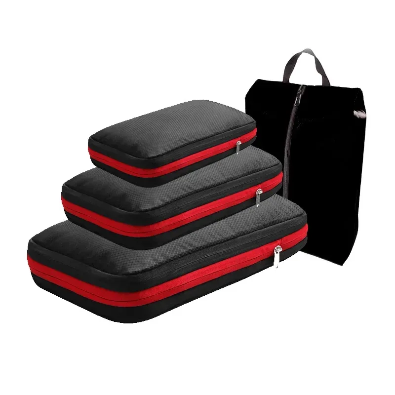 organisateur voyage compression double sacs rangement tissu noir bordure rouge polyvalent transport chaussures vêtements