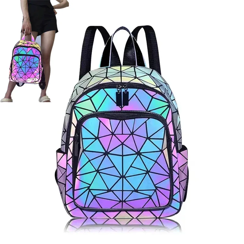 Sac à dos lumineux tendance pour femmes, en PVC holographique, géométrique, pour adolescentes, sac à dos de voyage, mochila feminina.