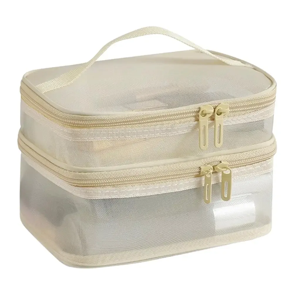sac à cosmétiques en maille double couche, organiseur de maquillage de voyage, pochette à maquillage transparente à double ouverture, trousse de toilette portable imperméable pour femmes