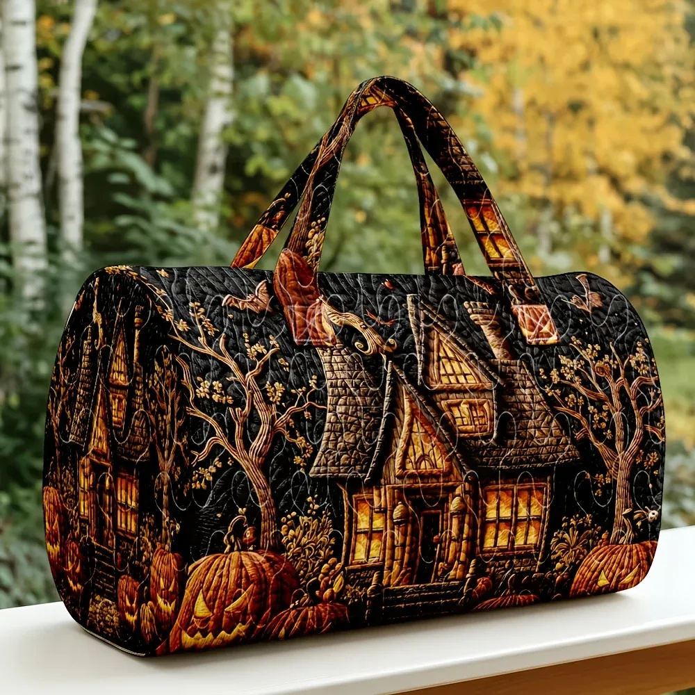 sac de voyage matelassé halloween, motif château fantôme, sac de week-end grande capacité, sac de voyage d'automne, sac de sport, sac de nuit pour femme, sac fourre-tout pour courts séjours.
