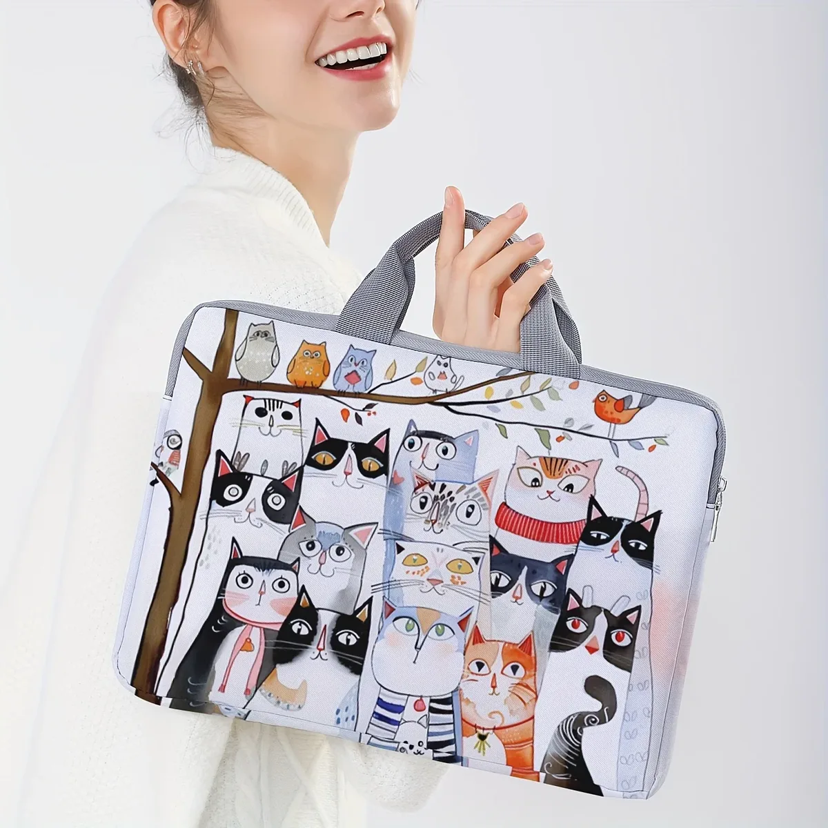 sacoche polyester motif chats oiseaux blanc doublure polyester fermeture éclair adapté ordinateur portable voyage business classement verifié porte documents