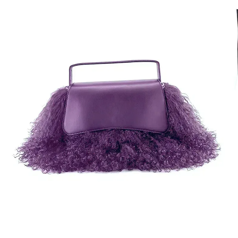 sac à main de luxe en cuir 2026 avec fourrure et garniture en velours, sac en peau d'agneau duveteux automne/hiver avec garniture en fourrure et pompons