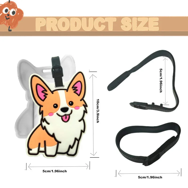 étiquette bagage plastique chien corgi peluche blanche orange yeux roses accessoire voyage identification valise nom adresse