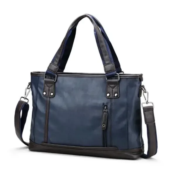porte documents cuir bleu marine marron format 40x29x11cm bandoulière amovible poignée souple doublure polyester vintage voyage business briefcase