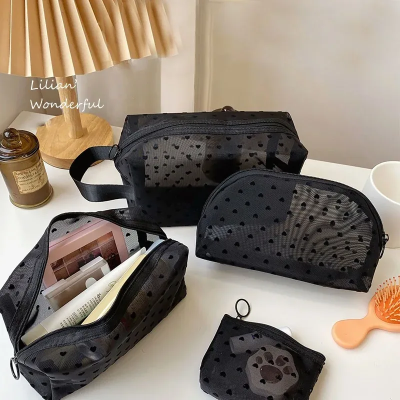 neceser noir coeur voyage sac cosmétique mode maille petit grand sac de toilette pochette de rangement de maquillage sac cosmétique à fermeture éclair transparente