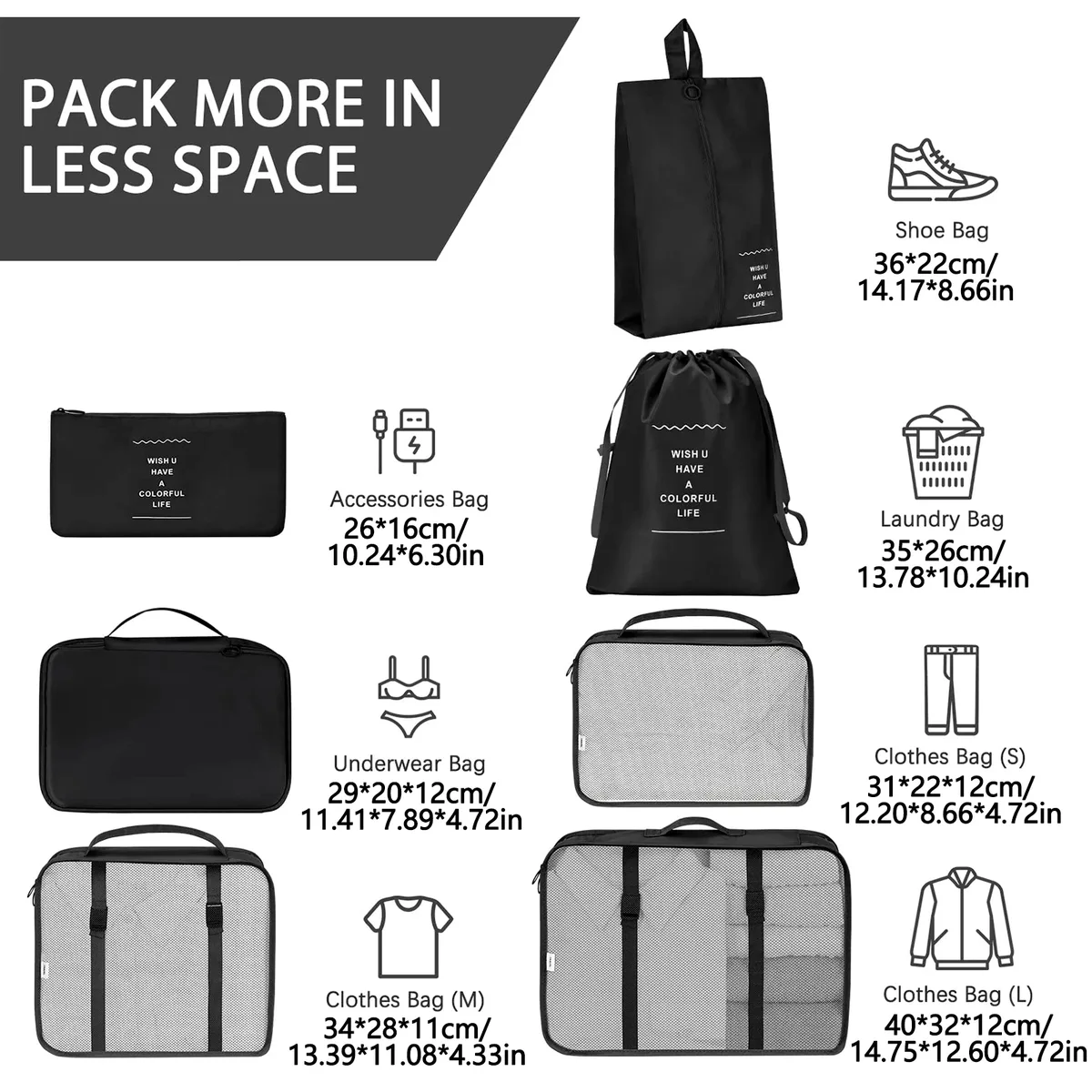 organisateur voyage sacs rangement polyester beige noir chaussures vêtements cube pliant accents double glissières transport usage