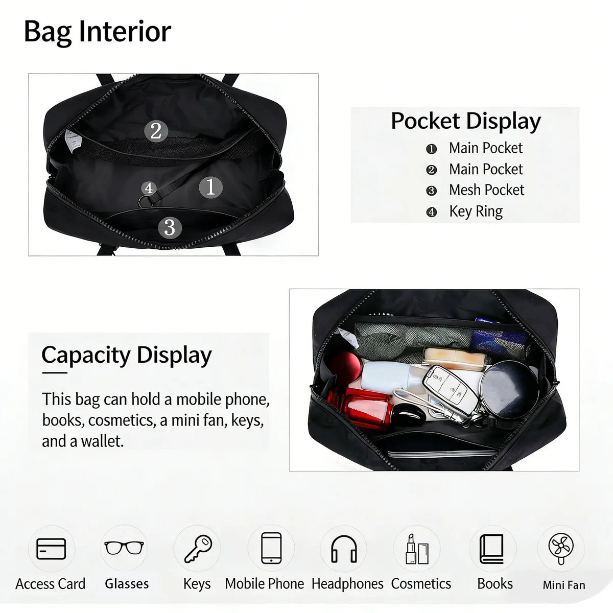 sac fourre-tout en nylon, sac à bandoulière pour femme avec clip porte-clés, sac à main léger à fermeture éclair, idéal pour le travail quotidien, les voyages, la gym, cadeau pour maman