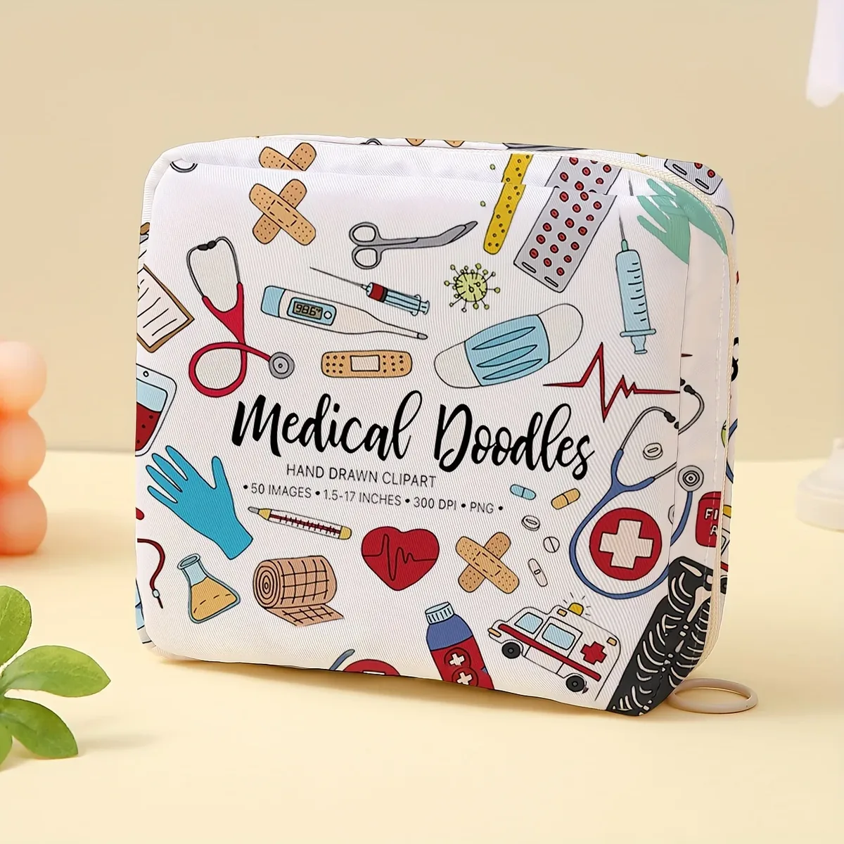 trousse polyester motifs médicaux blanc beige petite format carré zippée cosmétiques maquillage voyage santé soins visage