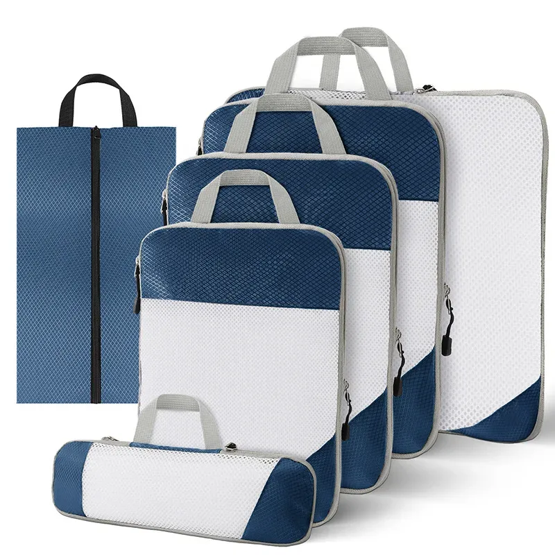 sac de rangement en nylon imperméable à compression de voyage portable, ensemble de pochettes de rangement à motif de grille visuelle pour l'organisation du voyage