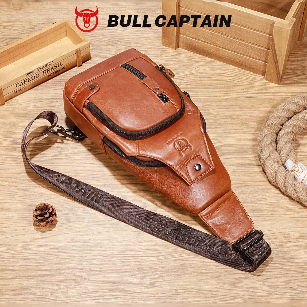 bullcaptain – sac de poitrine usb pour hommes, sacs à bandoulière 100% cuir véritable, sacoche multifonction de voyage et d'extérieur, sac messager à la mode