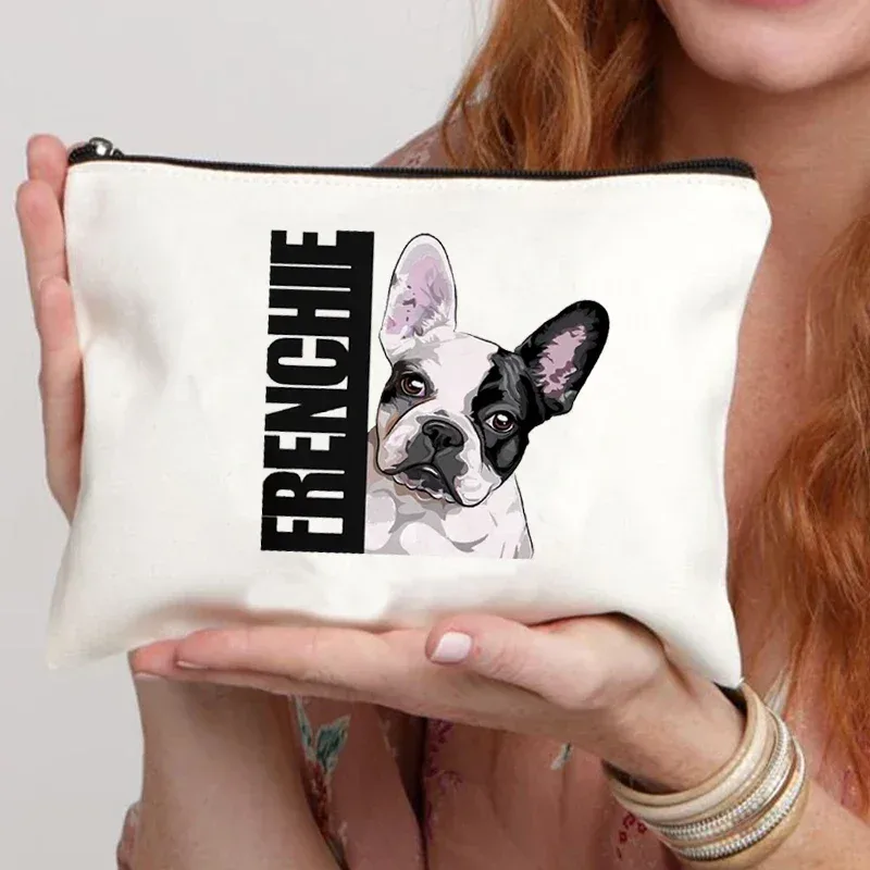 trousse de maquillage en toile pour femme, trousse de toilette, valise professionnelle, impression de dessin animé, bouledogue français, drôle