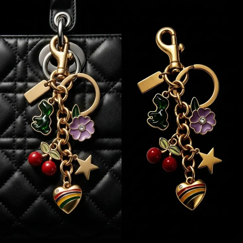 pince clé ornements charmes cerise fleur étoile cœur arc ciel métal doré marron rose décoration sac main porte clés accessoire voyage