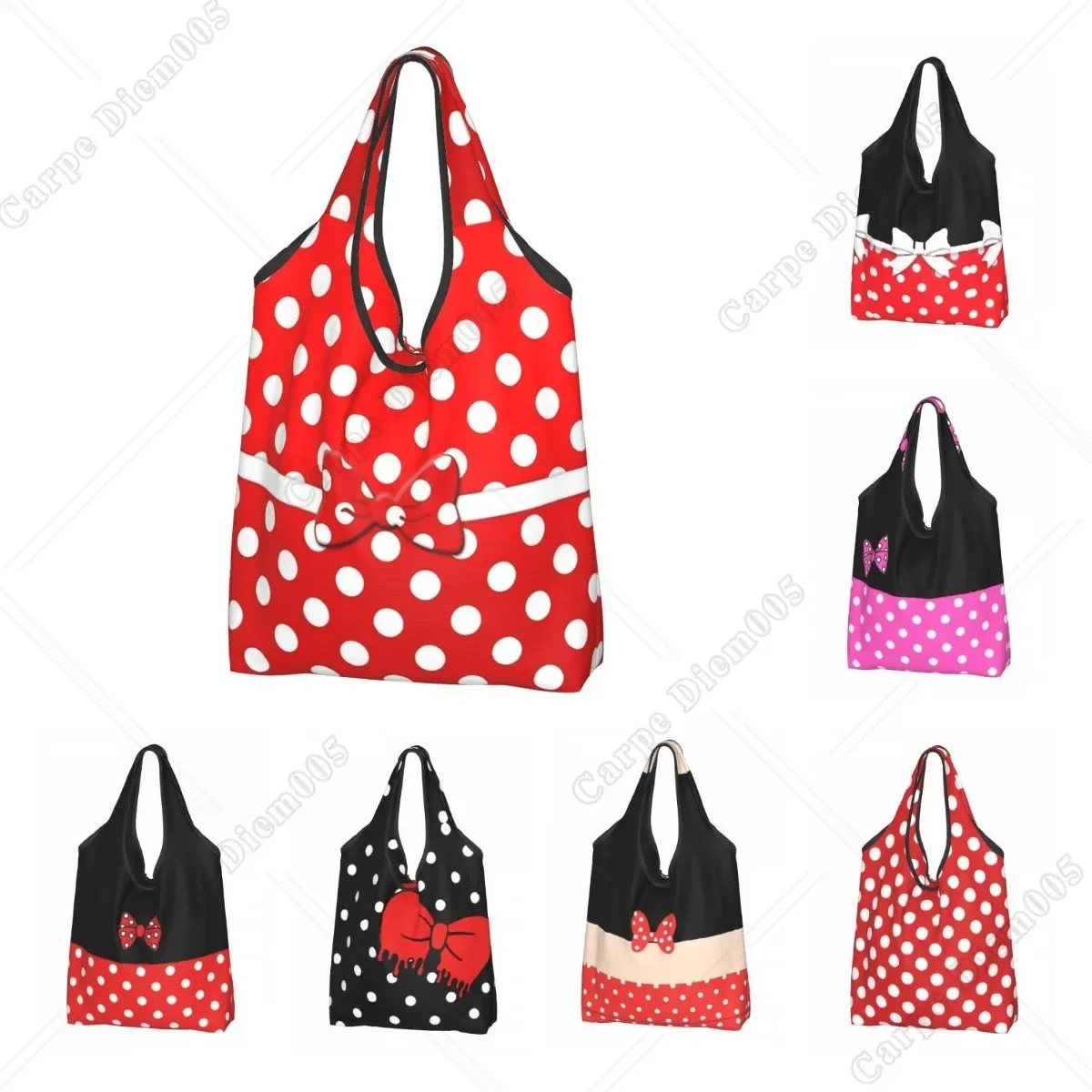 sac à provisions rick cartoon pour femme, sac fourre-tout pliable, sacs d'épicerie portables, respectueux de l'environnement, taille unique, pois, nœud