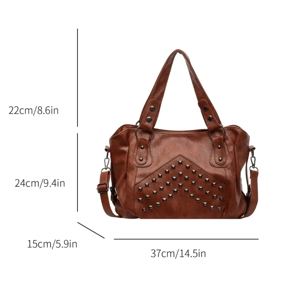 sacs à main rivet punk grande capacité, sacs fourre-tout décontractés en cuir souple de qualité supérieure, sacs à bandoulière pour le quotidien, les trajets et les voyages