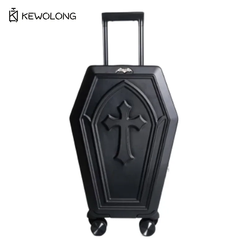 valise rigide motif croix gothique 3d en relief, design cercueil, résistante aux rayures, avec serrure tsa et roues multidirectionnelles
