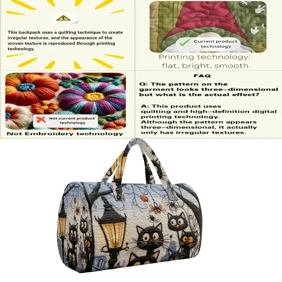 joli sac à main matelassé en 3d avec motif de chat – sac de voyage unique avec imprimé de chat pour halloween – cadeau idéal pour les amoureux des chats, facile à transporter.