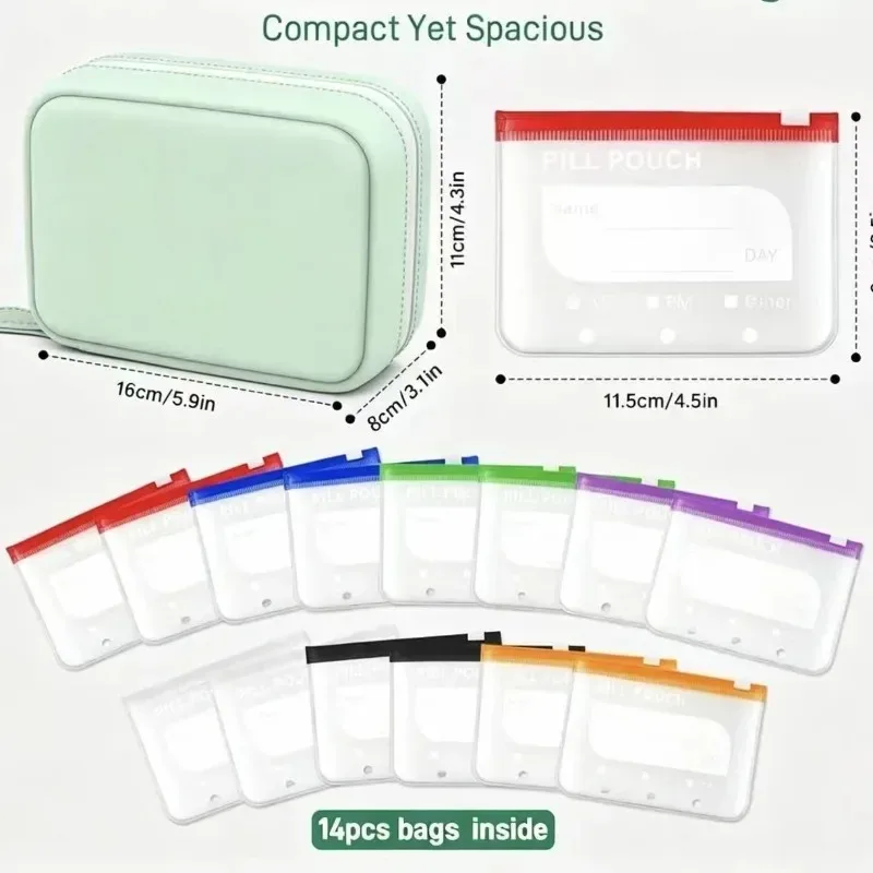 organisateur voyage pilules pochettes transparents bandes couleur assortie boîte vert pastel fermeture glissière noire imperméable