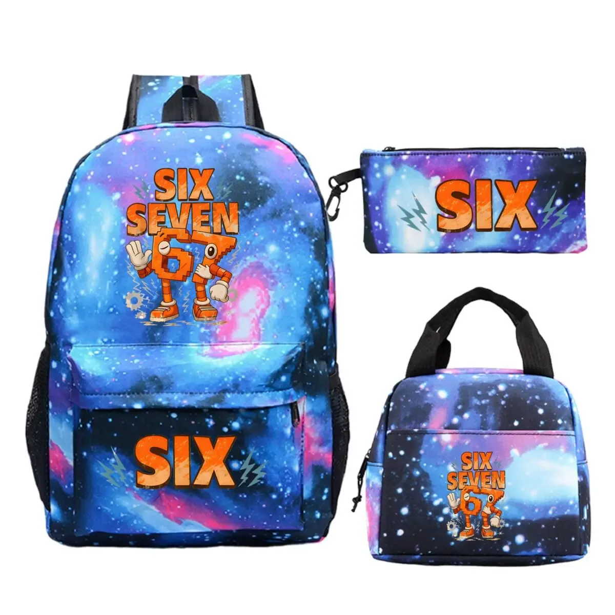 sac dos polyester dessin animé bleu blanc noire bandoulière arquée compartiment intérieur trousse sac lunch usage école voyage