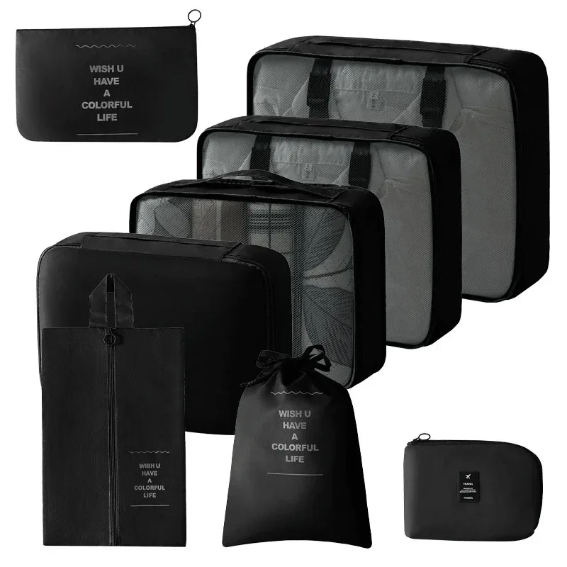 organisateur voyage polyester beige clair cube rangement pliable sac accessoires vêtements chaussures tranches bandes noires fonctionnel
