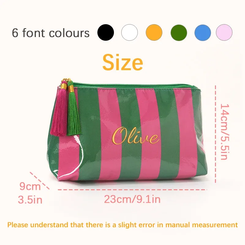 broderie personnalisée/2 options de style standard, pochette rayée, trousse de maquillage à fermeture éclair avec pompon délicat, saison rentrée scolaire, cadeau