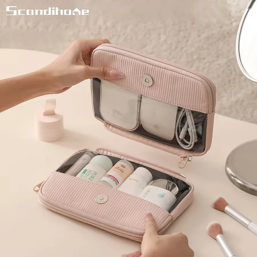 trousse de maquillage de voyage, organisateur de cosmétiques, étanche, grande capacité, détachable, double couche, fenêtre transparente, pochette de rangement de toilette pour femmes