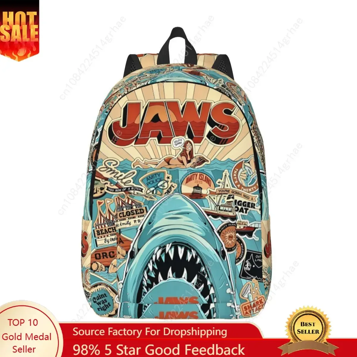 sac à dos jaws classic film amity island pour hommes, femmes, adolescents, étudiants, randonnée, voyage, sac à dos de jour, sac à bandoulière pour ordinateur portable, extérieur