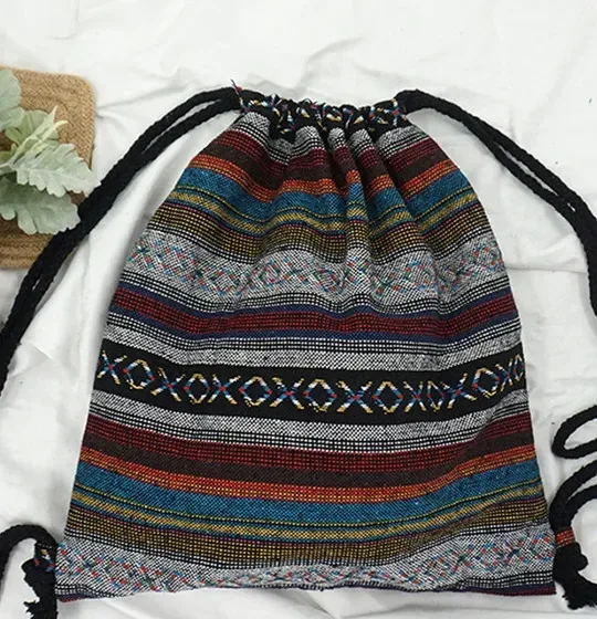 sac à dos en tissu pour femme 2026, style bohème chic, ethnique, tribal, ibiza, gypsy, aztec, doux, marron, avec cordon de serrage