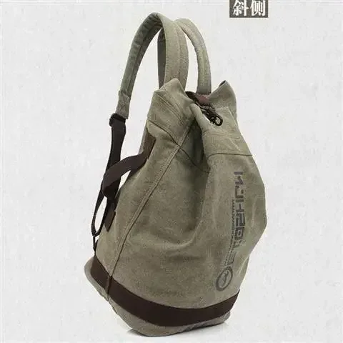 sac dos toile beige bandes marron imprimé lettres noires ouverture large format trapézoïdal capacité litres usage voyage