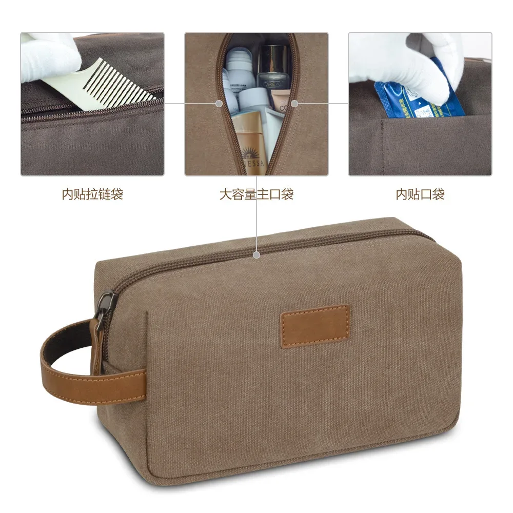trousse de toilette, patchwork de toile imperméable à main de voyage, rangement en cuir de cheval fou, trousse de maquillage à la mode et rétro