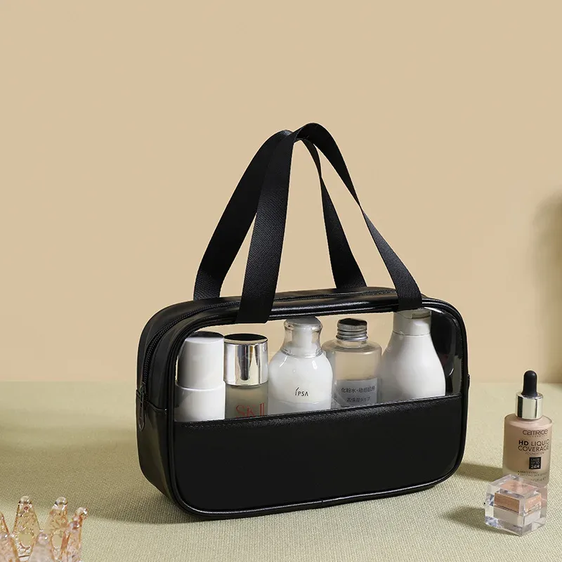 sac à cosmétiques personnalisé avec coutures brodées, sac de bain translucide en pvc de grande capacité, sac de rangement de voyage portable étanche en pu