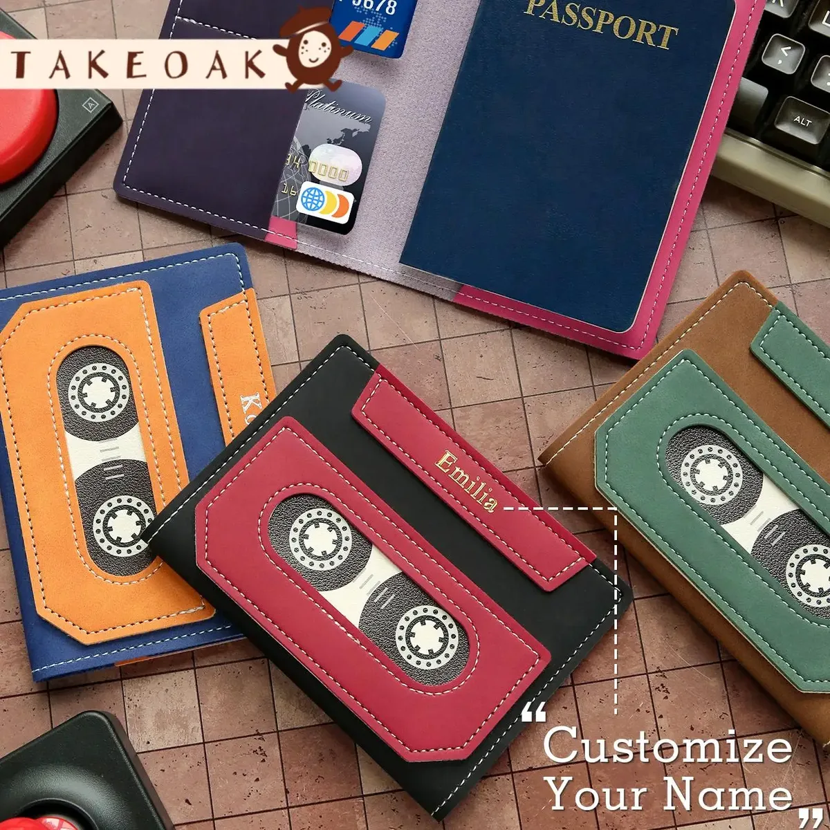 Housse de Passeport en PU à Motif Cassette Rétro, Porte-Passeport Multifonction avec Emplacements Cartes, Personnalisable Gravure Prénom, Accessoire de Voyage Vintage, Cadeau Original pour Amateurs de Voyages et Musiqu