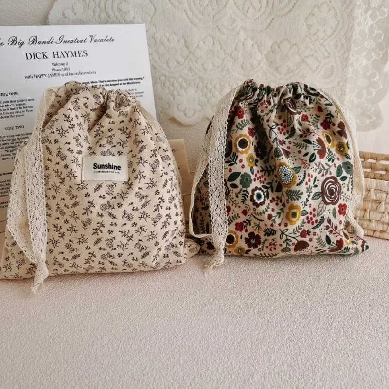 sac de rangement de voyage à proximité extérieure, sac de rangement classé, sacs à cosmétiques à fleurs imprimées, paquet de poche en ficelle de coton