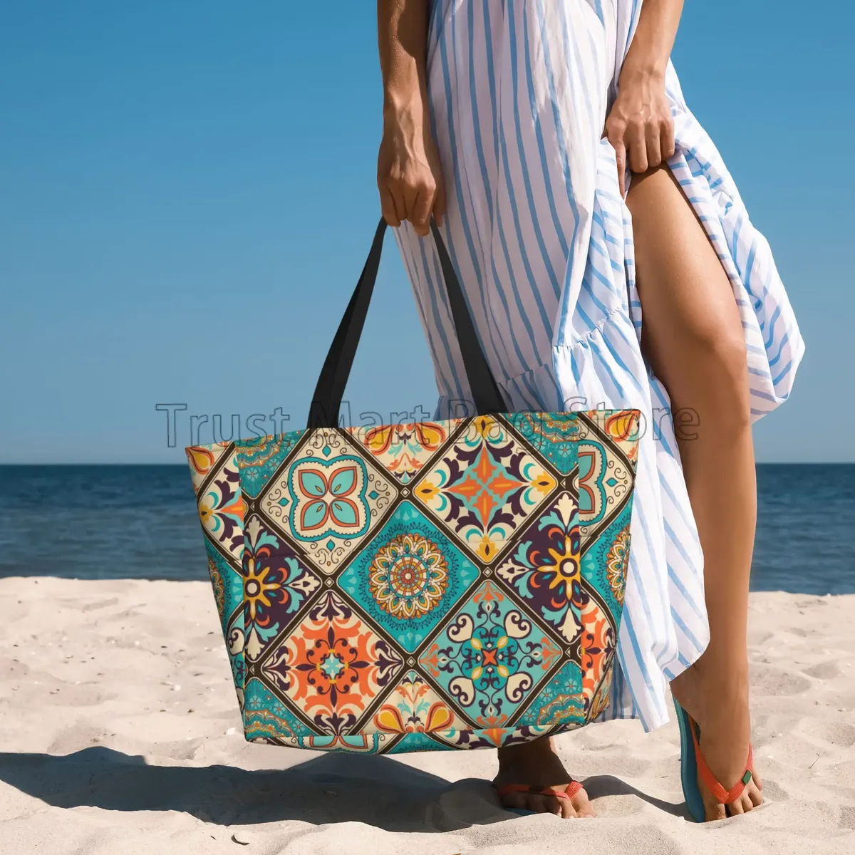 fourre-tout ethnique à fleurs de mandala pour femme, sac de plage, sac de piscine, extra large, sac de sport, sac de transport pour week-end, voyage, étanche