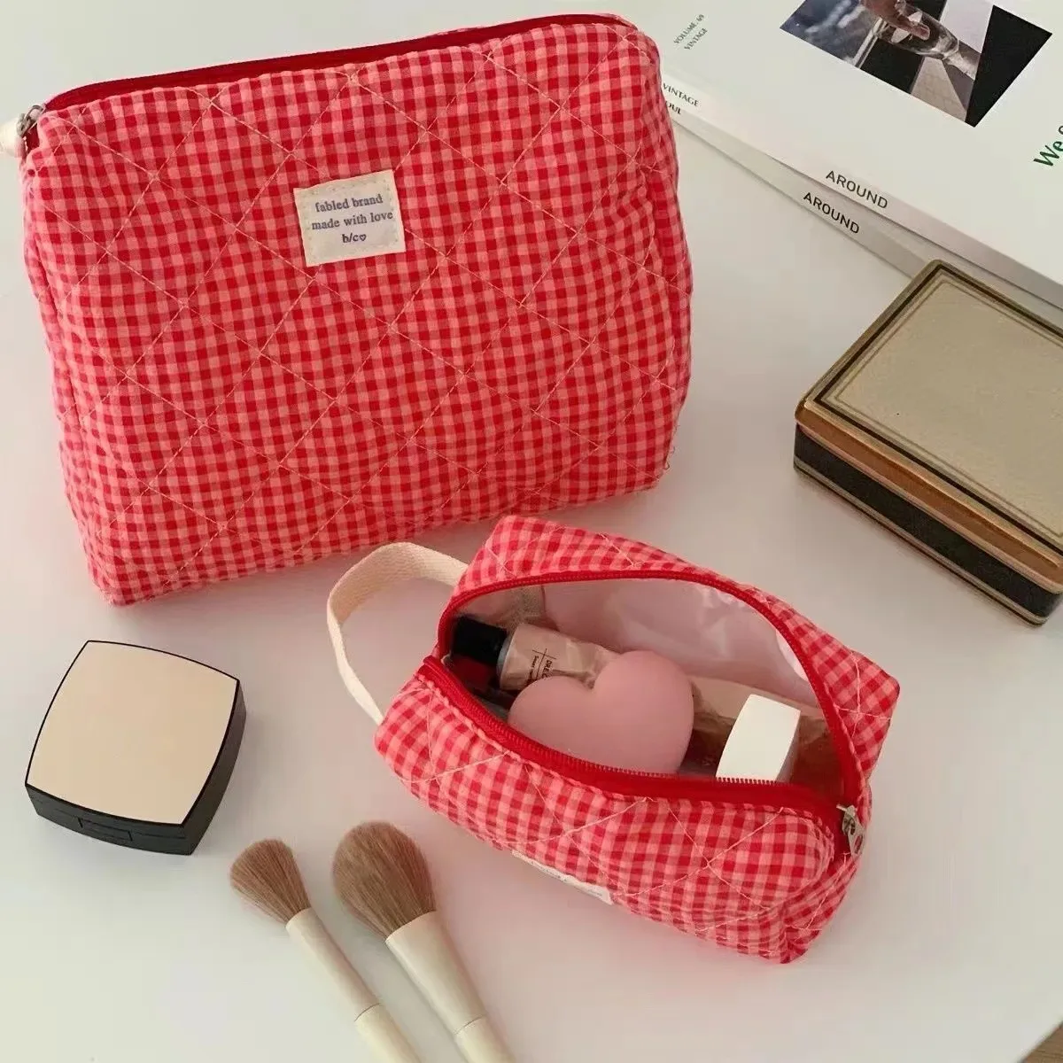 sac à cosmétiques à carreaux de grande capacité pour femmes, sac de rangement pour brosses de soins de la peau en coton pour filles, trousse de toilette de voyage portable, trousse de maquillage