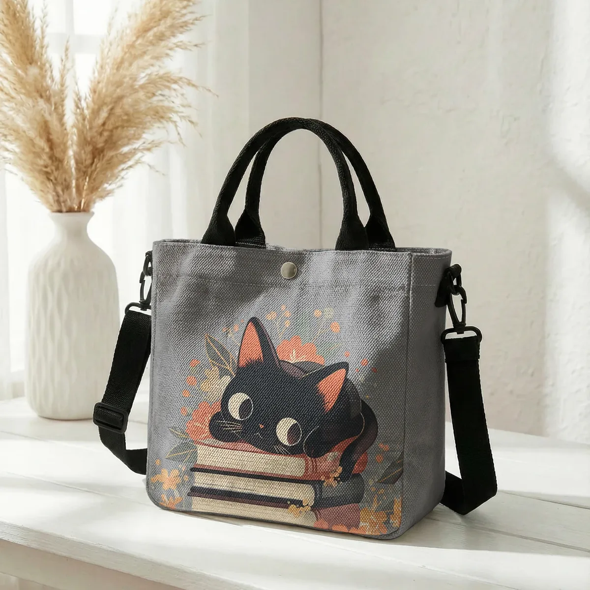 sac fourre-tout à imprimé floral avec chat noir mignon empilé sur des livres, sac à bandoulière détachable pour femme, idéal pour le shopping quotidien