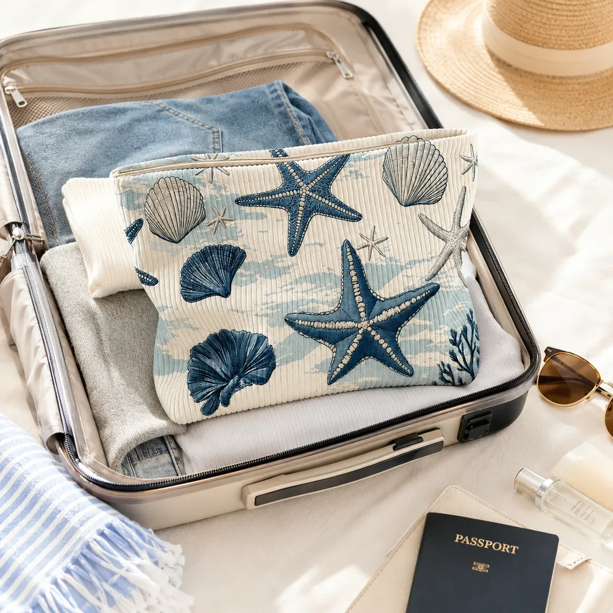 trousse de maquillage en velours côtelé motif étoile de mer et coquillage, grande pochette de voyage zippée pour femmes, idéale pour les vacances à la plage