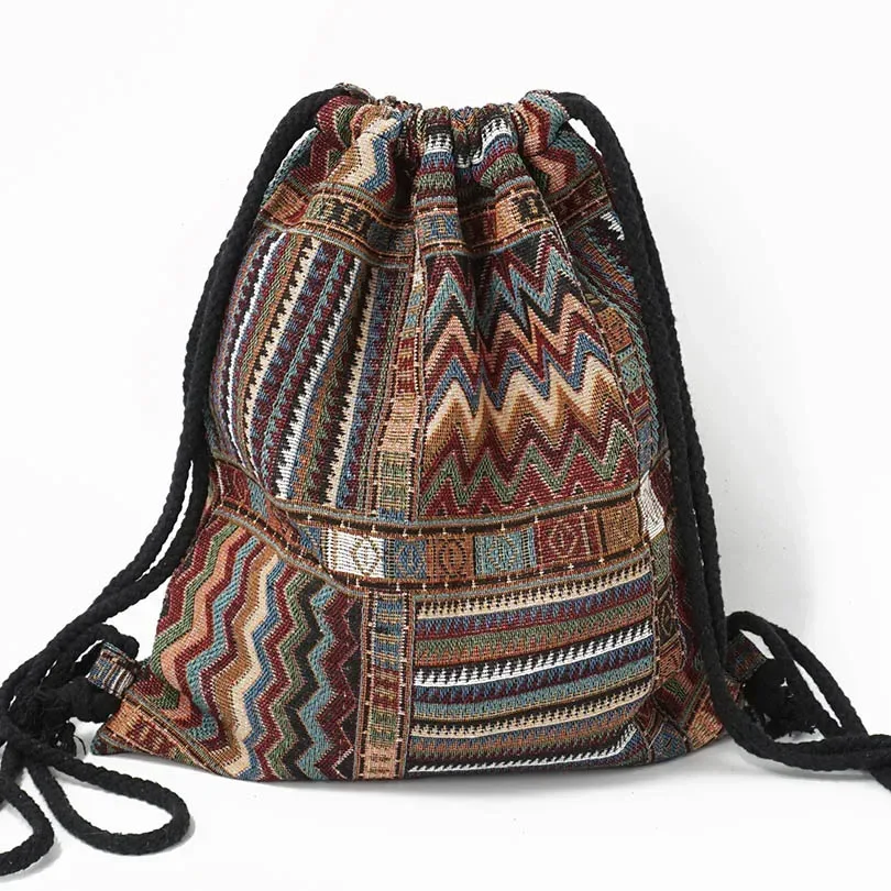 sac à dos en tissu pour femme 2026, style bohème chic, ethnique, tribal, ibiza, gypsy, aztec, doux, marron, avec cordon de serrage
