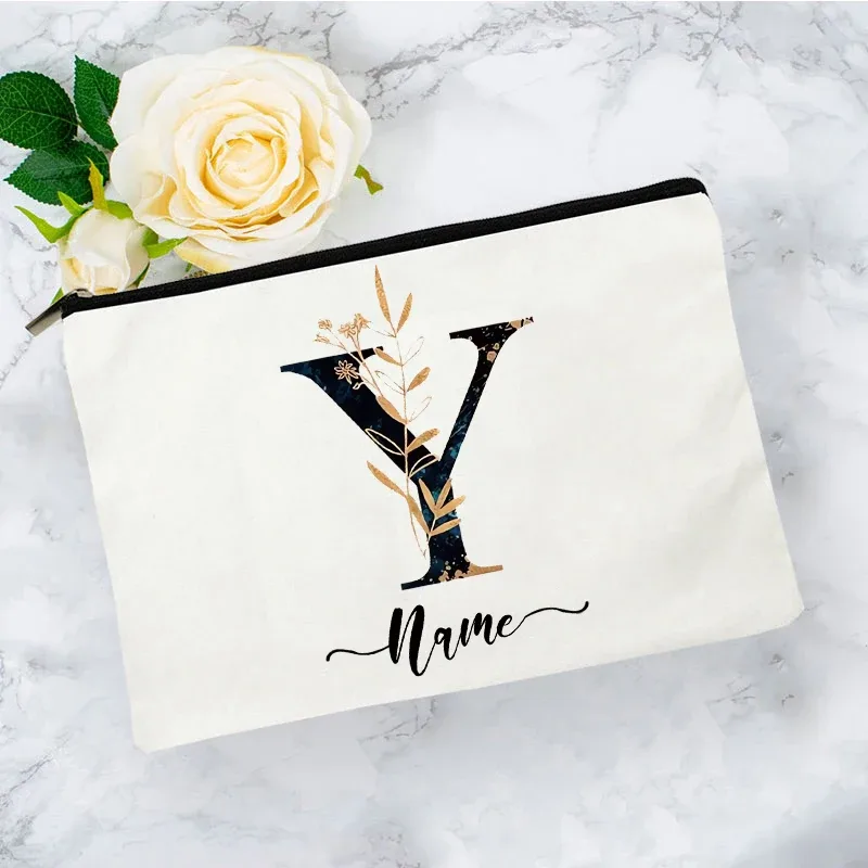 pochette organisatrice en toile noire et or de luxe avec initiales, sac de voyage pour cosmétiques, cadeau de toilette d'anniversaire avec nom personnalisé