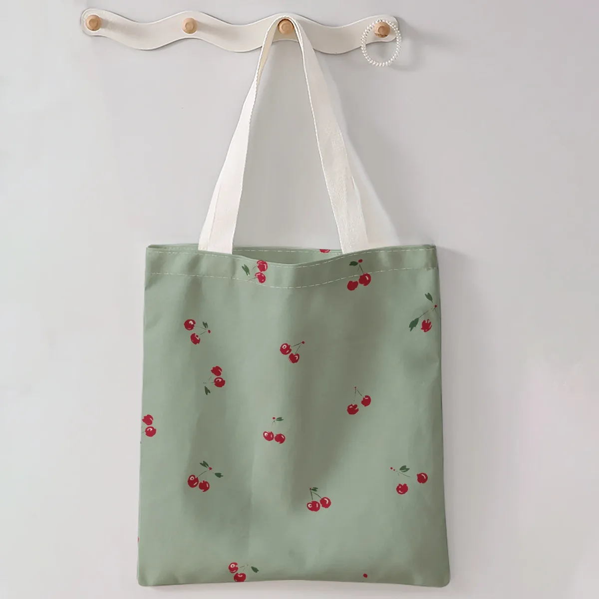 sac à main décontracté imprimé motif cerises, sac à dos réutilisable et tendance, sac à main multifonctionnel, sac de shopping en toile