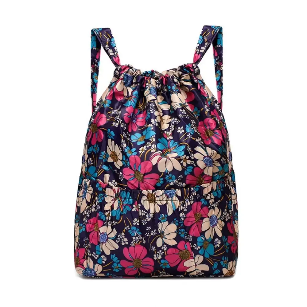sac à dos multifonctionnel à imprimé floral avec cordon de serrage, en polyester imperméable, grande capacité, pliable, pour l'école, pour femmes