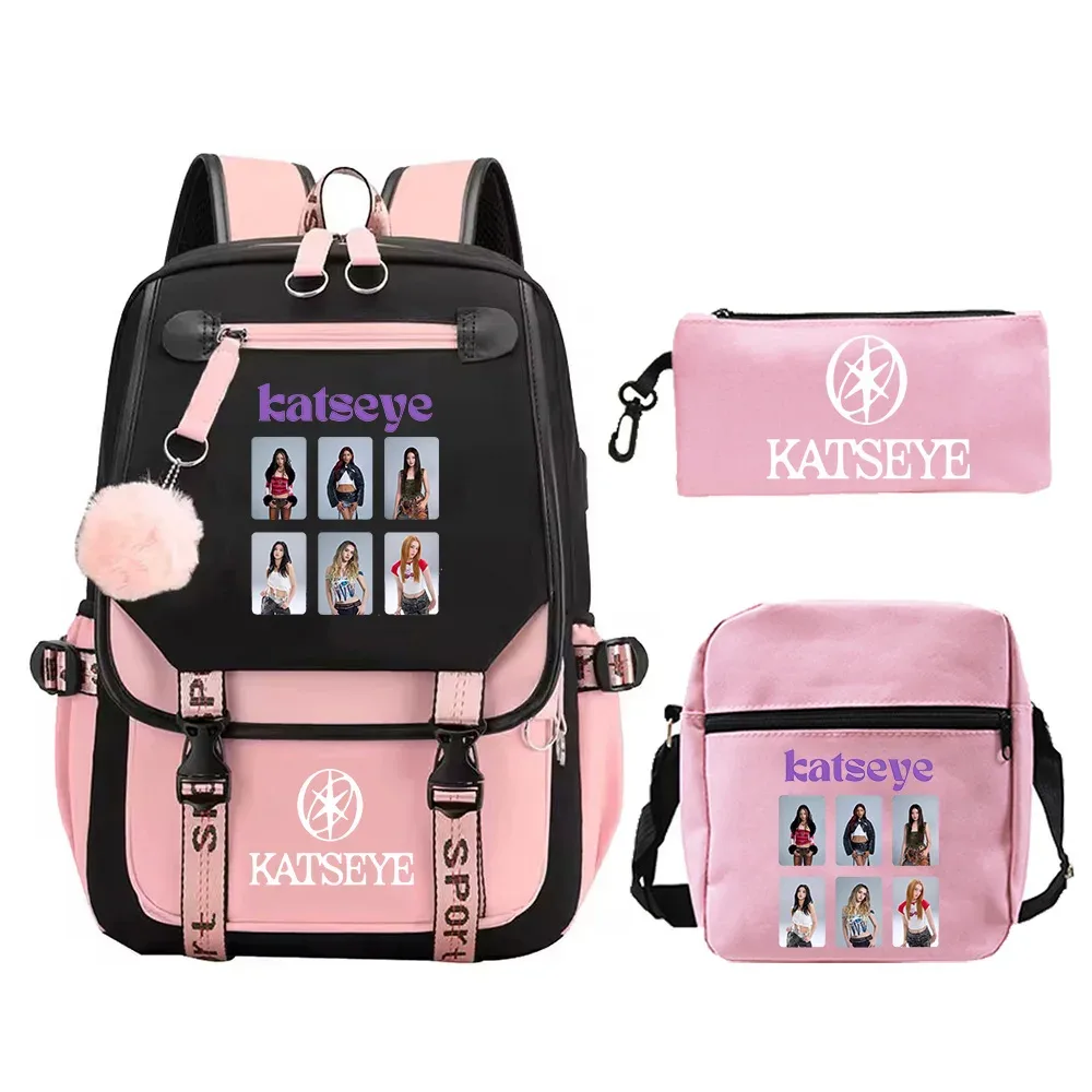 nouveau sac à dos imprimé katseye, 3 pièces/ensemble, sacs d'école pour filles, sac à dos de voyage pour adolescentes, sac à dos de haute qualité, sac à bandoulière, trousse à crayons