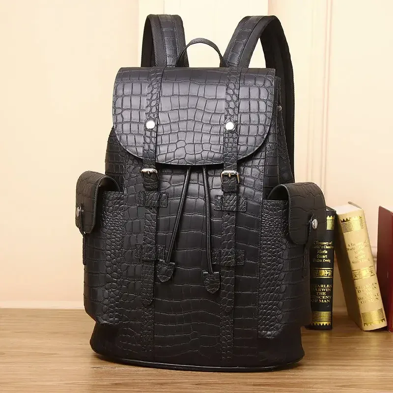 nouveau sac à dos de luxe 2026 en cuir véritable pour homme, motif alligator, sac à dos étudiant garçon, sacoche ordinateur portable 15,6 pouces de luxe