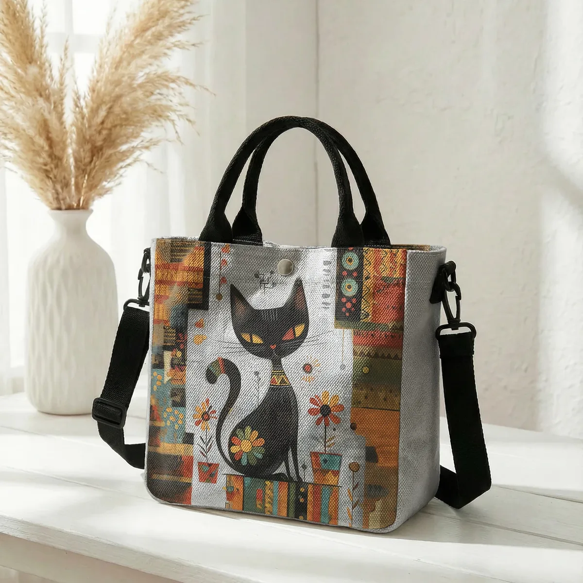 sac fourre-tout avec imprimé artistique de chat noir géométrique abstrait, sac à bandoulière avec sangle détachable pour femmes, pour les courses quotidiennes