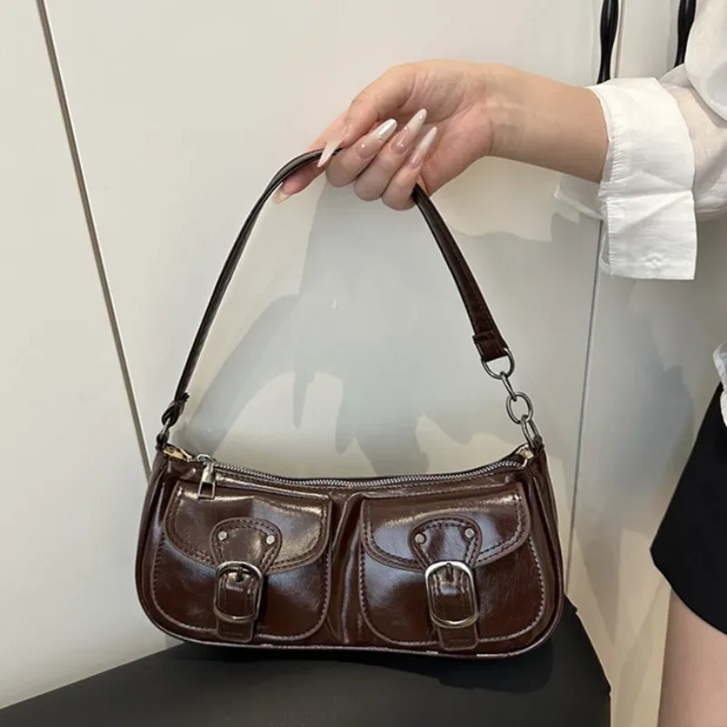 sac à bandoulière en cuir pu pour femmes, petit sac à double poche, sacs sous le bras pour dames, sacs à main vintage y2k, pochette